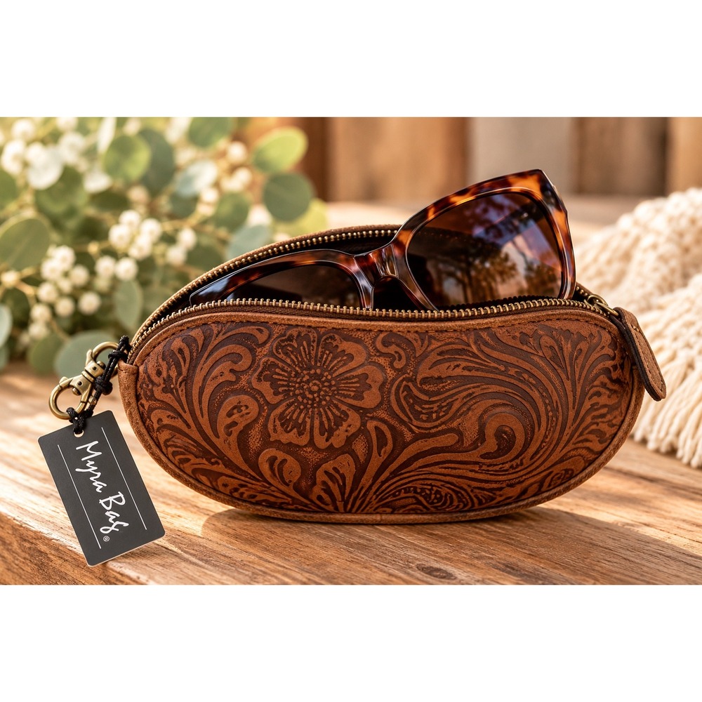 Myra Bag Sunglass Case Unisex Saddle Brown Silver Creek Embossed Leather NEW